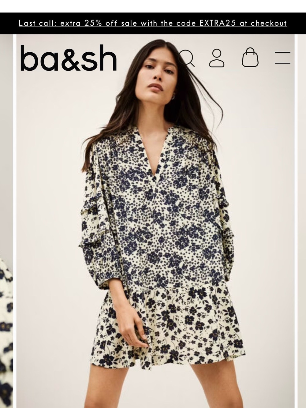 ba&sh Ivory and Navy Floral V-Neck Tunic Dress